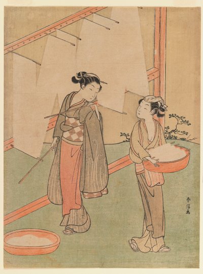 Young girl and servant drying Japanese fine noodles by Suzuki Harunobu